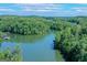 Scenic aerial view of a lake surrounded by lush greenery and blue skies, perfect for nature lovers at 5200A Burruss Mill Rd, Cumming, GA 30041