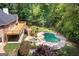 Aerial shot shows a backyard with a pool, deck and lush, mature trees that ensure privacy for the homeowners at 401 Robinson Rd, Peachtree City, GA 30269