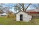 Weathered shed in backyard showing peeling paint, open door and surrounded by grass and mature trees at 110 Bevis Cir, Bowdon, GA 30108