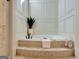 Close-up of soaking tub with travertine tile surround, a plant, and white wainscoting in neutral bathroom at 550 Wentworth Ct, Fayetteville, GA 30215
