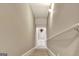 Neutral stairway featuring carpeted stairs, a white handrail, and fleur-de-lis wall decor at 550 Wentworth Ct, Fayetteville, GA 30215