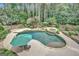 Beautiful aerial view of the backyard with lush trees and an inviting in-ground swimming pool with jacuzzi at 135 Hayden Ct, Fayetteville, GA 30215