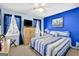 Bright bedroom features blue walls, a striped bedspread, and natural light from the windows at 2613 Travois Sw Way, Lilburn, GA 30047