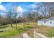 Scenic view of a backyard with a detached garage, grass, and stone walls at 1669 Spring Ne St, Conyers, GA 30012