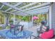 Stylish backyard pergola with cozy seating, an outdoor bar, and a vibrant rug, creating an inviting entertainment space at 4226 Highway 155 N, Stockbridge, GA 30281