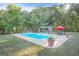 A sparkling pool surrounded by patio space, potted plants, and lush greenery, perfect for outdoor relaxation and entertainment at 4226 Highway 155 N, Stockbridge, GA 30281