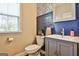 Stylish half bath with blue accent wall, modern vanity, and elegant fixtures at 429 Stagecoach Bnd, Smyrna, GA 30080