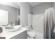 Clean bathroom with a glass vessel sink, gray vanity, and a shower/tub combination, offering a functional space at 1408 Hemphill Rd, Stockbridge, GA 30281