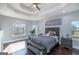 Spacious main bedroom features a tray ceiling, dark hardwood floors, and plenty of natural light at 1408 Hemphill Rd, Stockbridge, GA 30281