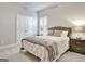 Bedroom featuring a bed with decorative pillows, bedside tables, and shuttered windows at 625 Timberbrook Dr, Sharpsburg, GA 30277