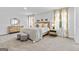 Stylish main bedroom with carpet, a large bed, matching nightstands, and decorative curtains at 1653 Sungrown Way, Mcdonough, GA 30253
