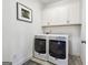 Bright laundry room with white cabinets above a modern washer and dryer at 1685 Tabor Dr, Marietta, GA 30062