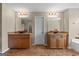 Bathroom with double sink vanity, granite countertops and cabinet storage at 45 George Wynn Rd, Palmetto, GA 30268