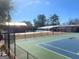 View of the green and blue tennis court, plus the community pool, from behind the chain link fence at 104 Summer Chase, Carrollton, GA 30116