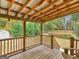 Wooden back porch with a light wood ceiling, overlooks backyard with trees at 220 Melrose Way, Mcdonough, GA 30252