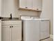Well-lit laundry room with a front loading washer and dryer, sink, gray countertop, and cabinets at 339 Cottonwood Cir, Peachtree City, GA 30269