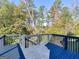 View from dark stained wooden deck showcasing a beautiful vista of mature trees and lush greenery at 109 Faversham Dr, Mcdonough, GA 30252
