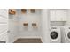 Bright laundry room with white cabinets, wire shelving, and a modern washer and dryer at 588 Parnassus Road, Locust Grove, GA 30248