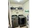 Organized laundry room with front-load machines and overhead shelving at 9444 Lantana Trail, Jonesboro, GA 30238