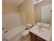 Clean bathroom featuring a tub-shower combo, toilet, and vanity with sink and mirror at 3535 Waldrop Trl, Decatur, GA 30034