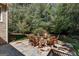 Backyard featuring a stone patio with outdoor seating area and lush landscaping at 2275 Honeysuckle Se Ln, Smyrna, GA 30080