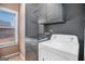 Bright laundry room equipped with modern appliances, overhead storage, and ample natural light at 124 Shelton Dr, Mcdonough, GA 30252