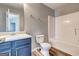 Bathroom with a dark blue vanity, modern fixtures, and a shower-tub combo at 6746 Lake Erie Ln, Fairburn, GA 30213