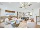 A stylish living room with modern furnishings, hardwood floors, and a view of the kitchen and dining area at 5711 Tillman Way, Powder Springs, GA 30127