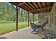 Covered patio with an outdoor dining area and views of the lush green backyard at 208 Cottonwood Cir, Peachtree City, GA 30269