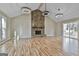 Open-concept living room with hardwood floors, stone fireplace, and modern lighting fixtures at 1967 Levgard Ln, Riverdale, GA 30296