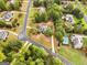 Aerial view of a brick home with a swimming pool in a green wooded neighborhood at 830 Streamside Dr, Mcdonough, GA 30252