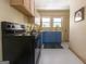 Charming kitchen with blue cabinetry, black appliances and good natural light from two windows at 2791 Pearl St, East Point, GA 30344