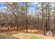 View of a backyard with a wooden fence, bare trees, and a small shed-like structure in a partially wooded area at 220 Terrane Rdg, Peachtree City, GA 30269