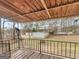 Back porch with metal railing overlooking a spacious yard with metal buildings at 6393 Walker Rd, Riverdale, GA 30296