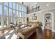 Elegant living room featuring large windows, a leather sofa, and a decorative wall piece at 300 Annelise Park Dr, Fayetteville, GA 30214