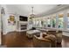 Cozy living room with a fireplace, built-in shelving, and views of the pool at 300 Annelise Park Dr, Fayetteville, GA 30214