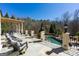 Luxury patio with comfortable lounge chairs and stunning views of the manicured lawn and swimming pool at 300 Annelise Park Dr, Fayetteville, GA 30214