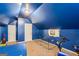 Attic area with blue walls and ceiling, carpeted floor, and exercise equipment at 10 Allen Oaks Way, Covington, GA 30016