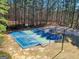 An outdoor, well-lit basketball court is surrounded by a wooded area in the Wood Creek Community at 407 Holly Grove Church Rd, Peachtree City, GA 30269