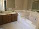 Bathroom featuring double sinks, a soaking tub and tile floors at 1574 Elizabeth Ln, Hampton, GA 30228
