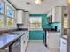 Kitchen with stainless appliances, white cabinets, and bright blue accent wall at 927 Dean Patrick Rd, Locust Grove, GA 30248