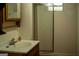 A practical bathroom featuring a sink, a cabinet, and a shower behind a patterned glass door at 123 Cowan Rd, Covington, GA 30016