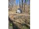 Backyard storage shed surrounded by trees and spring daffodils at 554 Fieldstream Way, Lawrenceville, GA 30044