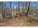 View of a home surrounded by tall trees with bare branches in a wooded setting during winter at 135 Flat Creek Ct, Fayetteville, GA 30214