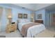 A spacious main bedroom featuring vaulted ceilings, soft blue walls, and neutral decor at 4030 Cresent Walk Ne Ln, Suwanee, GA 30024