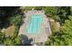 Aerial shot of a community pool surrounded by trees, lounge chairs, and manicured landscaping at 310 Westbourne Dr, Tyrone, GA 30290