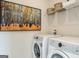 Modern laundry room with washer, dryer, shelving for storage, and unique wall art at 10453 Trellis Lane (Lot 28), Hampton, GA 30228