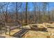 An outdoor patio with a charming stone fire pit and comfortable bench seating surrounded by a serene wooded landscape at 5735 Archer Ave, Cumming, GA 30041