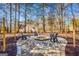 A circular stone fire pit with adirondack chairs in a wooded backyard at 3140 Cox Cemetery Rd, Social Circle, GA 30025