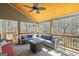 Covered porch featuring wooded view, comfortable sectional and overhead ceiling fan at 624 Bexley Rd, Moreland, GA 30259